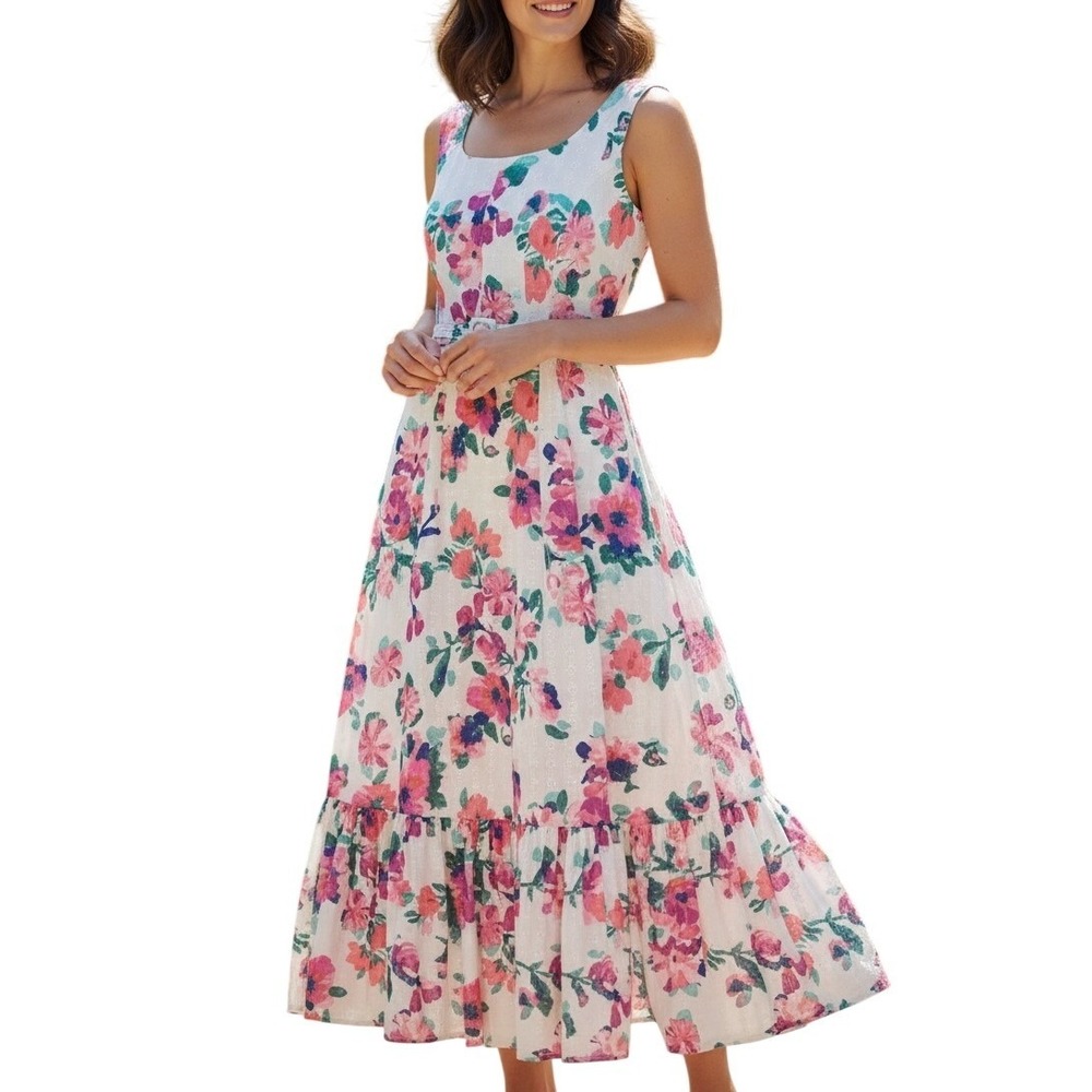 Zarr Collection Floral Eyelet Maxi Dress Size 8 White Pink Belted Tiered Cotton